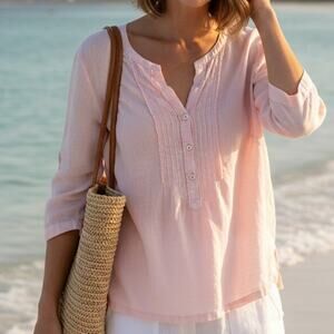 J. Jill Love Linen Pintucked Popover Top Womens XL Petal Pink Beachy Minimalist